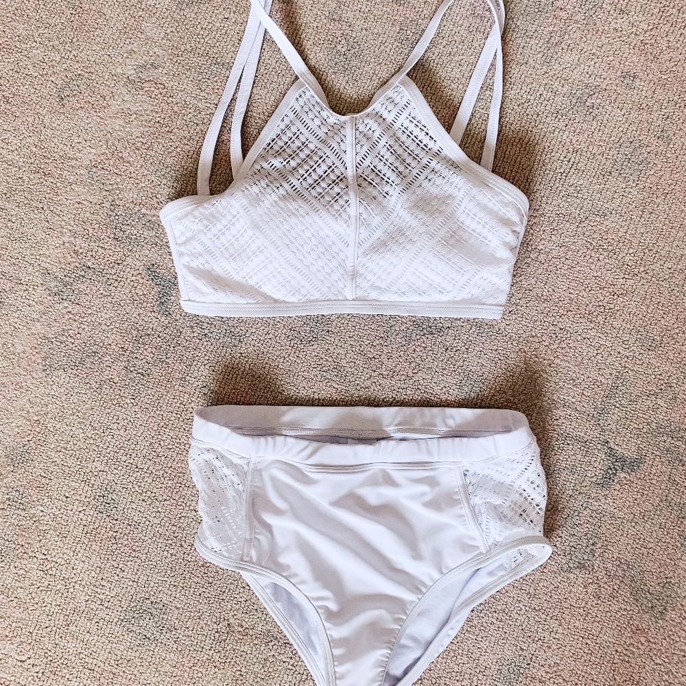 White 2 piece high waisted swimsuit